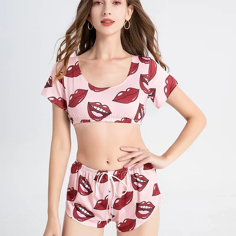 Summer Short Sexy Casual Lips Print Female Sleepwear Suit Pajamas 2pcs Top+Pants Skinng Women Homewear Underwear