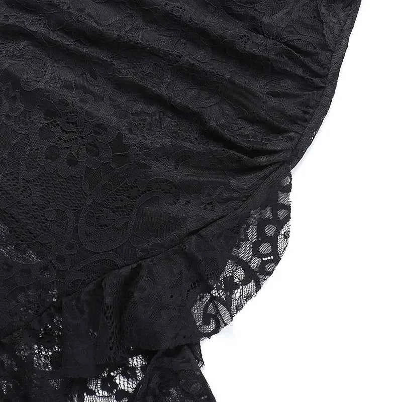 Gothic Classic Lace Cover Ups Women Mesh Crop Top See Through Sexy Flare Sleeve Blouse Y2k Black Rave Outfit Festival