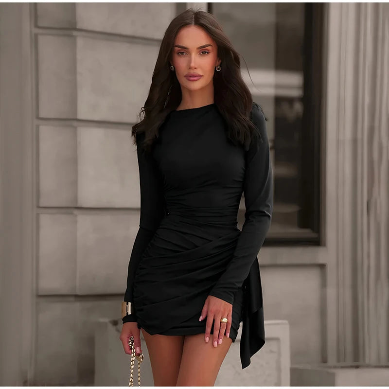 Casual Solid Pleated Bodycon Mini Dress Women Sexy Long Sleeve Waist-cinching Irregular Dresses 2026 Lady Chic Party Club Robe