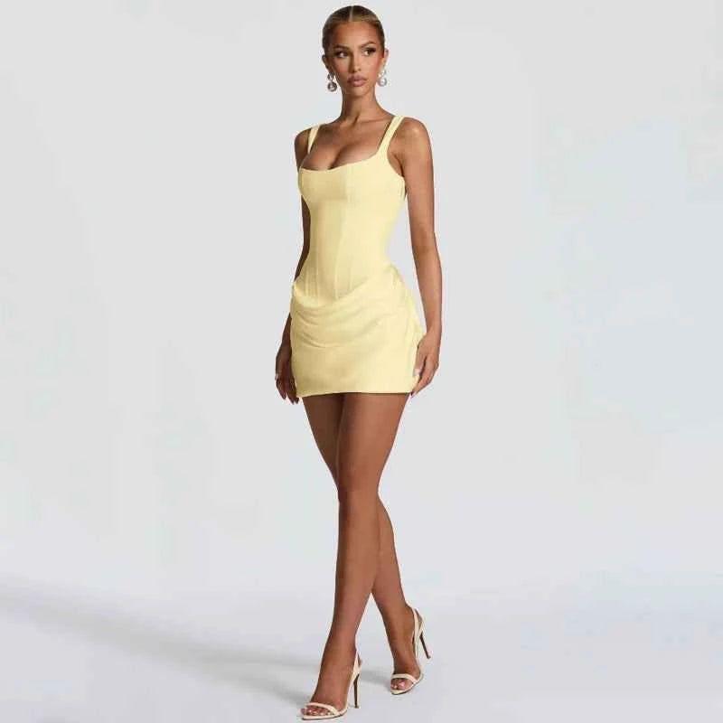 Yellow Strapless Pleated Dress Women Elegant Sexy Sleeveless Waist Cinching Split Maxi Gowns 2026 Lady New Evening Party Dresses