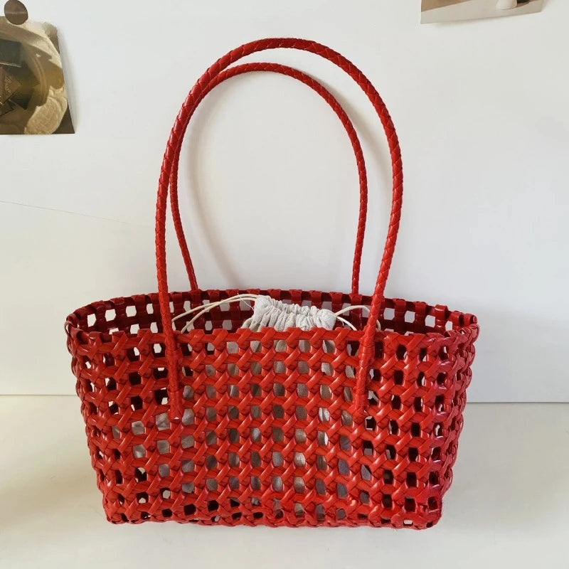 1pcs Plastic Hollow Weave Bag Countryside Style Large Capacity Beach Tote Bag Bucket Bag Bohemian Style Woman PVC Handbag Summer