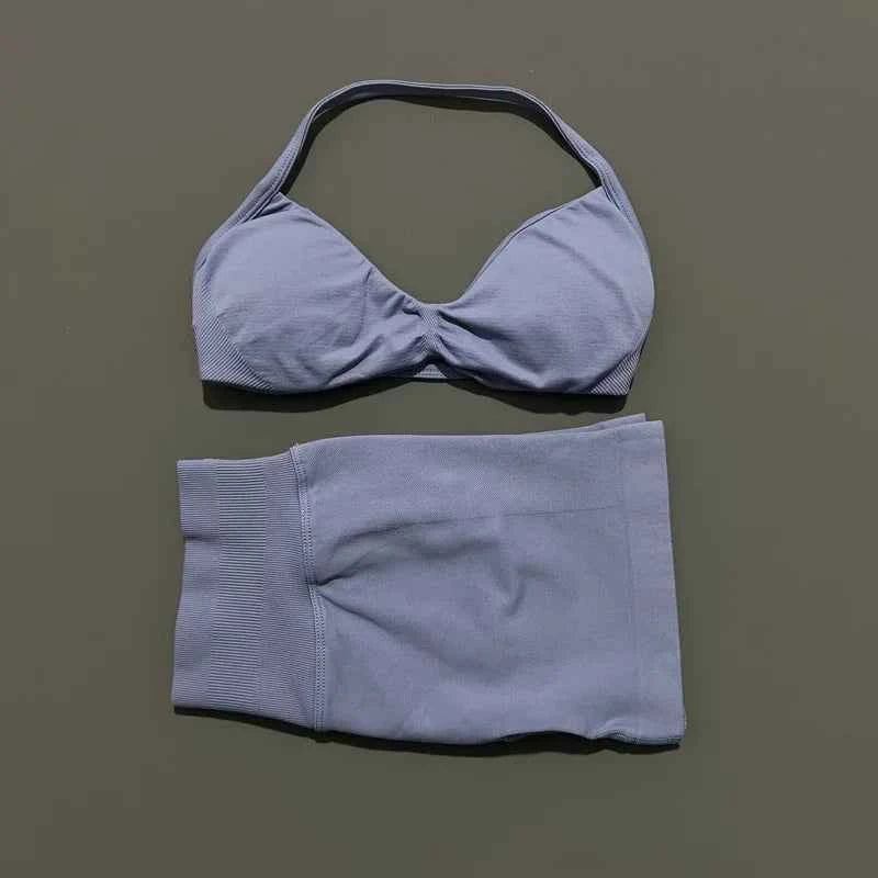 HISTELLO Gym Set 2 Piece Women Strappy Yoga Bra Top Workout Scrunch Shorts Sports Suit Fitness Clothes Seamless Yoga Set