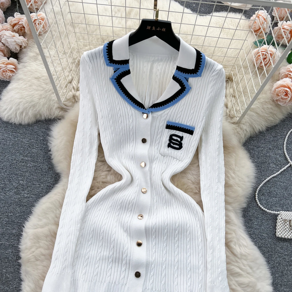 SINGREINY Autumn Winter Wear Dress Women Polo Single Breasted Pocket Design Bodycon Knitting Temperament Sweater Long Dresses