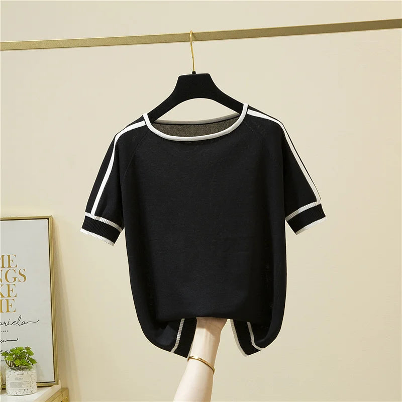 Camisetas Thin Knitted T Shirt Women Short Sleeve Summer Tops Casual Clothes Striped Fashion T-Shirt Tee Shirt Blusas 18841