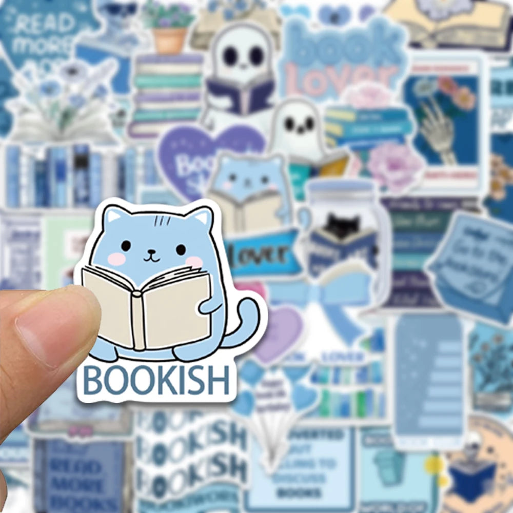 50pcs blue bookish series cartoon graffiti stickers, decorate computers, skateboards, helmets, waterproof stickers