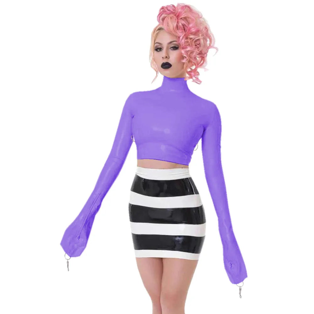 Sexy Crop Tops with Finger High Neck, Slim Skinny Leather, PVC Short Shirts, Vinyl Sexy Top with Lock Key, Club Night