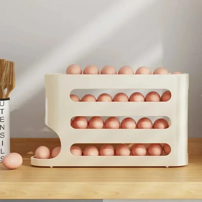 Egg Rack for Refrigerator-Space Saving, Large Capacity, Anti-Slip Open Top Egg Holder, Roll Down Container for Home, Dorm