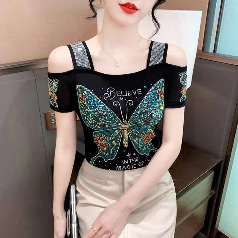New Arrival Summer European Clothes Women's T-Shirts Chic Luxury Butterfly Hot Diamonds Tees Sexy Girl Slim Streetwear Tops