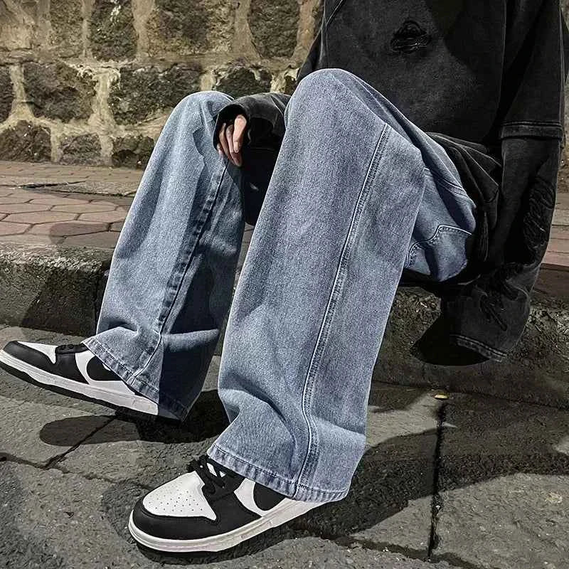 New Streetwear Loose Jeans Men Korean Style Fashion Loose Straight Wide Leg Pants Men's Brand Clothing Black Light Blue