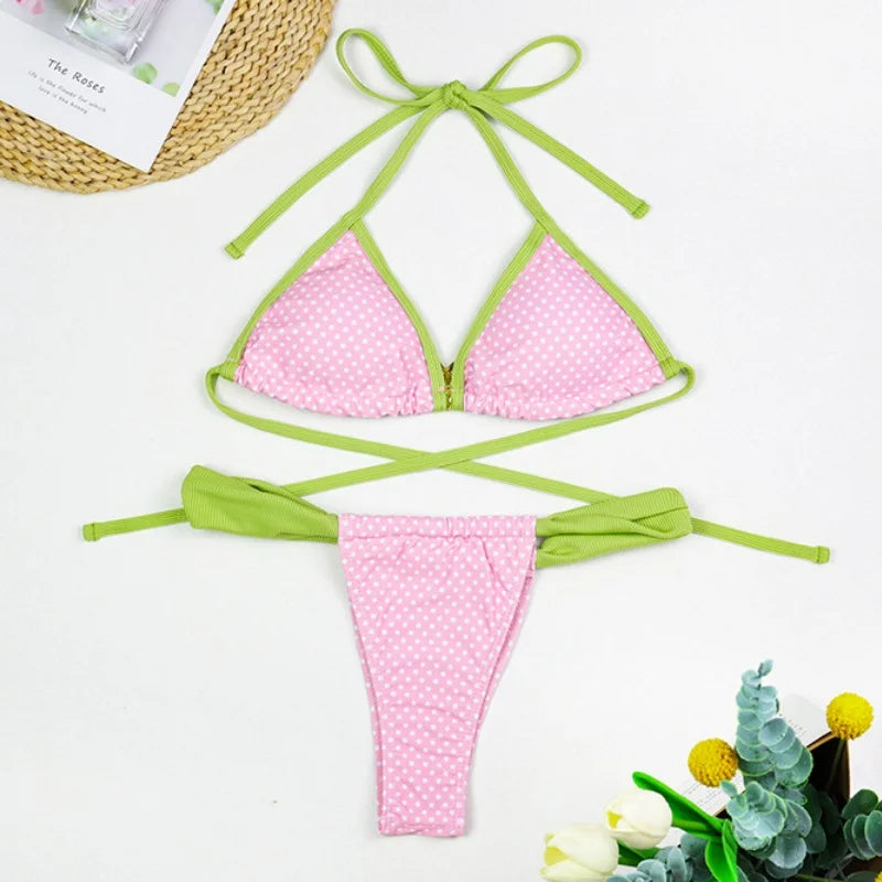 Bikinis Women Swimsuit Vintage Contrast Print Patchwork Design Sense Push Up Bikini Set Bathing Suit Swimming Beachwear 2 Piece