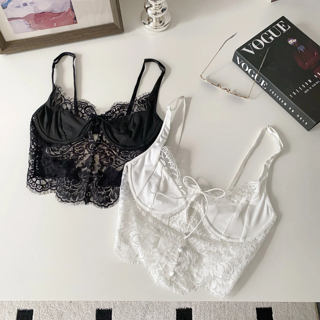 Summer Lace Hollow out ort Design Sensual Pure Desire Sexy Top Women's Strapl Crop Vest Tulle Me Brtte Outfit