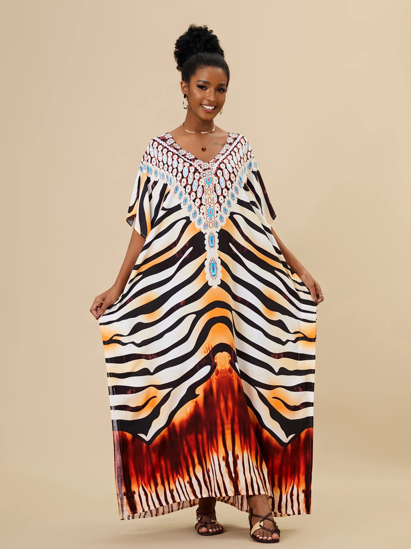 EDOLYNSA 2023 Bohemian Printed Loose Kaftan Casual Summer Vacation Maxi Dress Women Clothing Beach Wear Swim Suit Cover Up Q1469