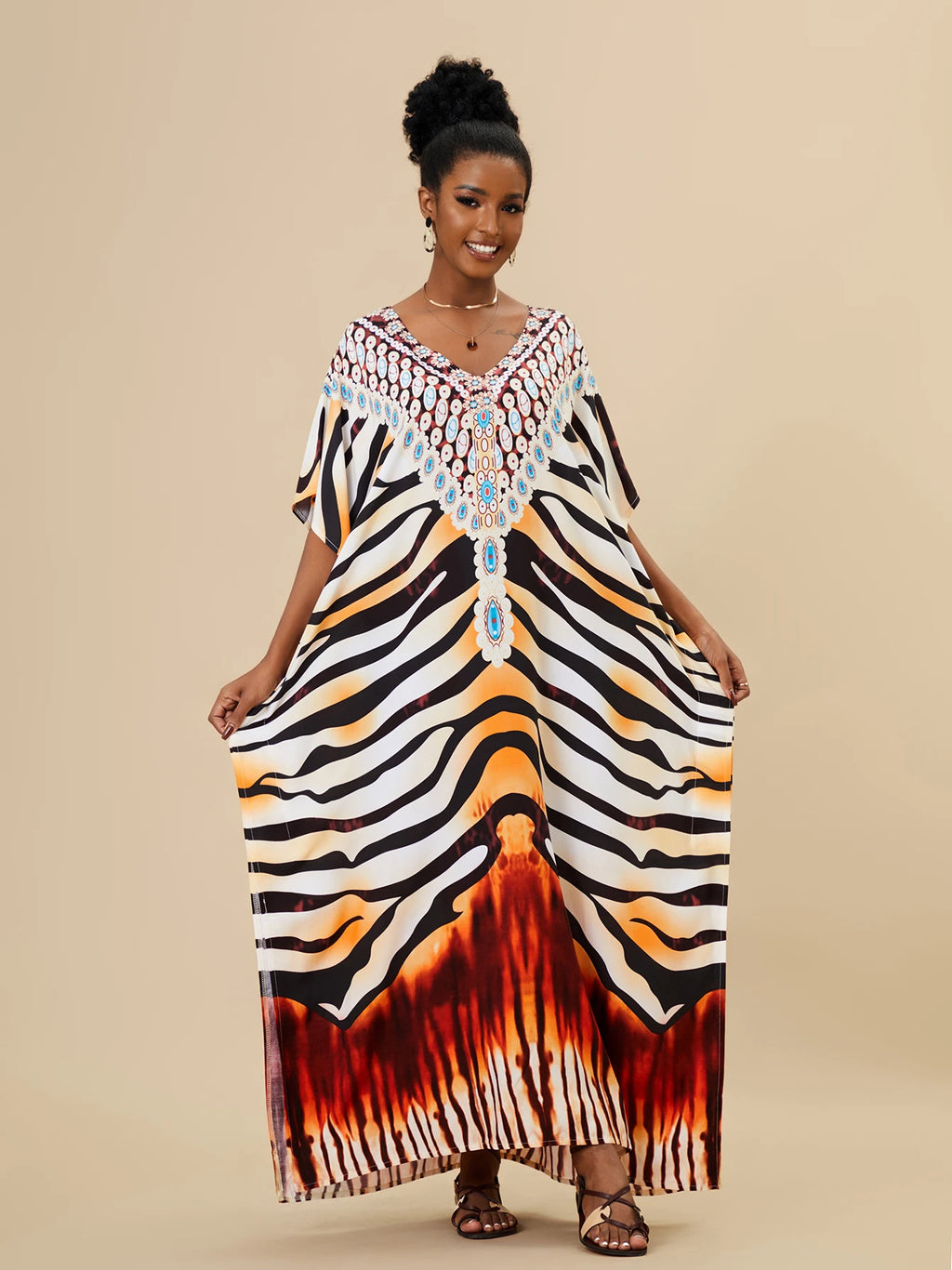 EDOLYNSA 2023 Bohemian Printed Loose Kaftan Casual Summer Vacation Maxi Dress Women Clothing Beach Wear Swim Suit Cover Up Q1469