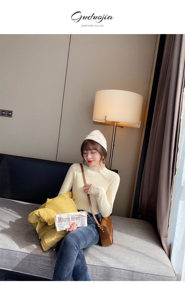 2026 Knitted Women Sweater O-neck Button Pullovers Autumn Winter Basic Sweaters for Female Pullover Slim Solid Bold Lace Tops