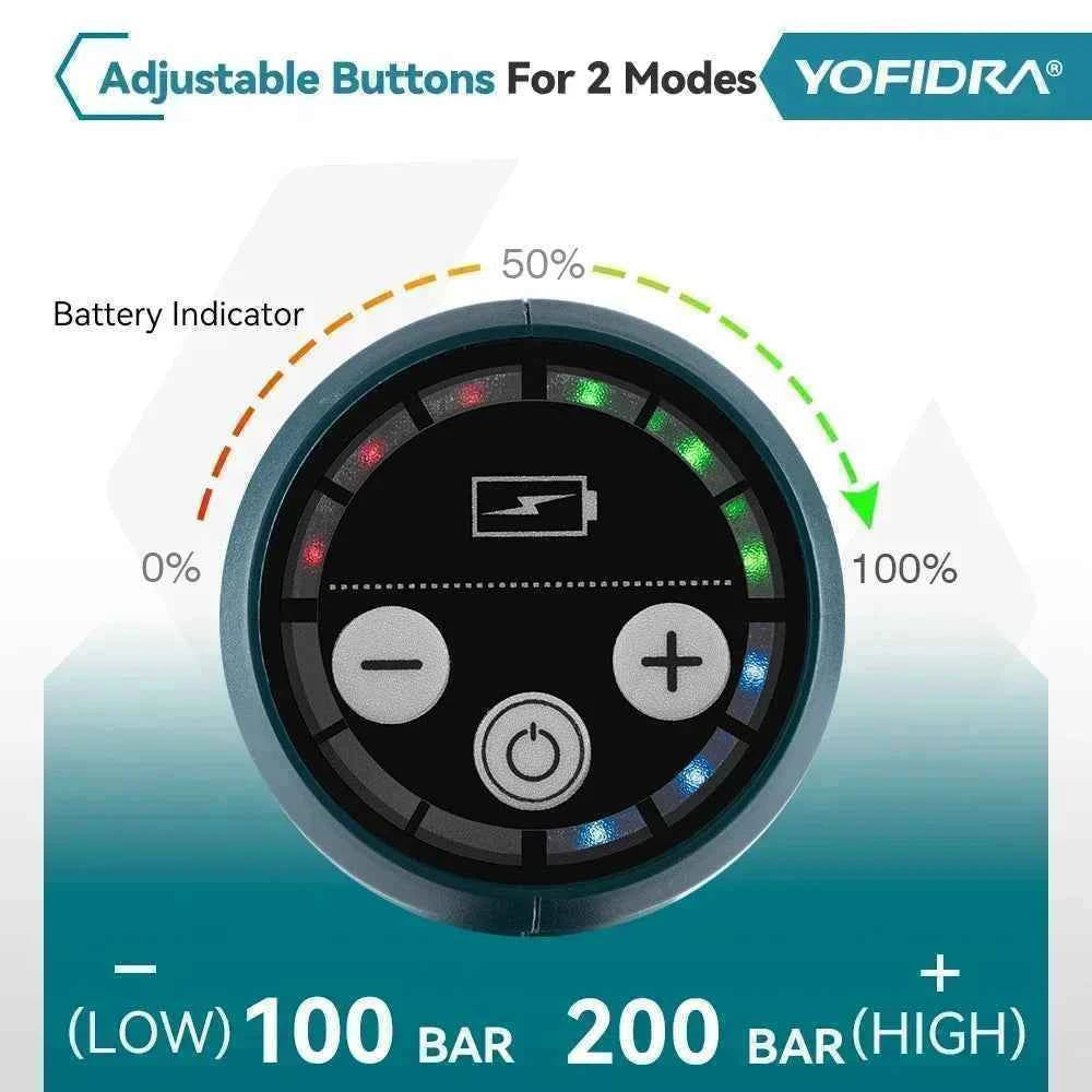 YOFIDRA 200Bar Brushless High Pressure Washer Gun Electric Car Washer Garden Watering Gun Cleaning Tools for Makita Battery Pins