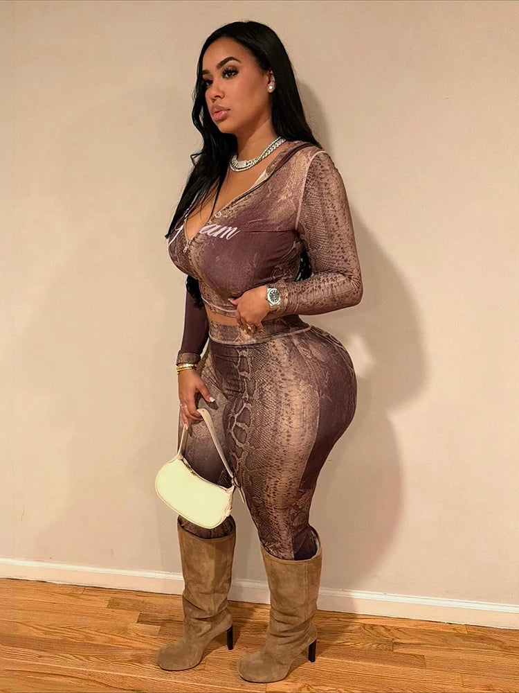 Weird Puss Letter Snake Print Tracksuit 2-Piece Set Women Patchwork Zip Jacket+Pants Matching Casual Stretch Streetwear Outfits