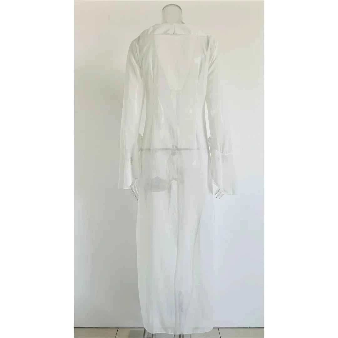 Women's V Neck Ruffled Long Sleeve Dress Chiffon Tunic Beach Cover Up Cover-ups Beach Dress Sunscreen Beachwear Vacation V5976B