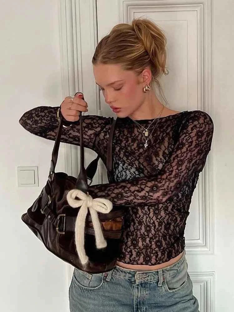 Mooyufon Long Sleeves See Through Lace Crop Top Solid Sexy Bodycon T-Shirt For Women Party Club Autumn Winter Clothes