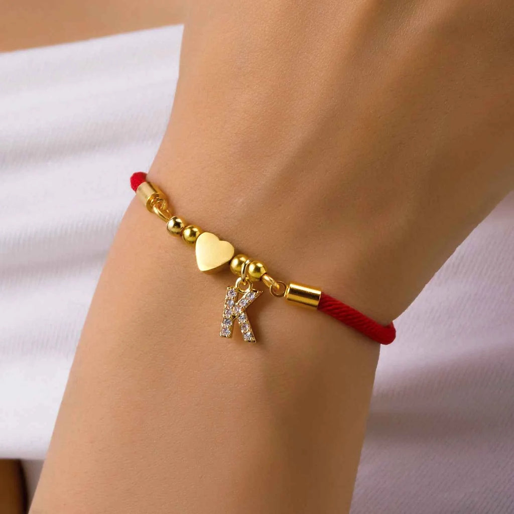 New Gold Stainless Steel Heart Initial Letter Bracelet - Red Rope Charm Jewelry for Men & Women, Lucky Gift