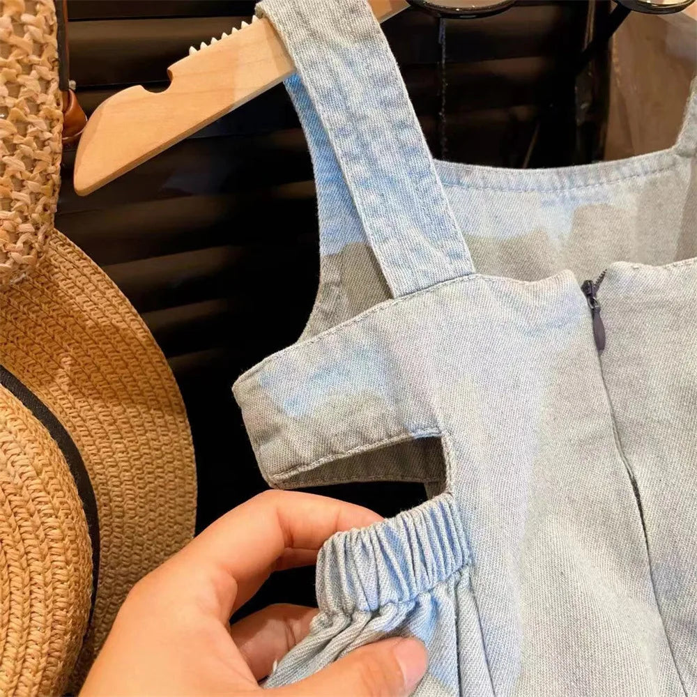 Summer Girls Blue Denim Sling Dress 2 - 7 Years Old Kids' Waist - Revealing Design Casual Princess Dress Stylish Children Outfit