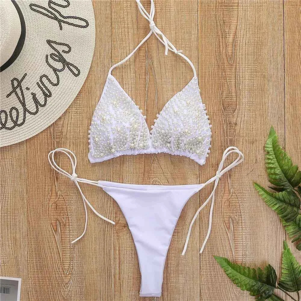 Pearl Bikini String Thong Swimsuit Kawaii Y2K Swimwear Trend Women Two Piece Bathing Suit Beachwear Bikinis Set Vacation Outfits