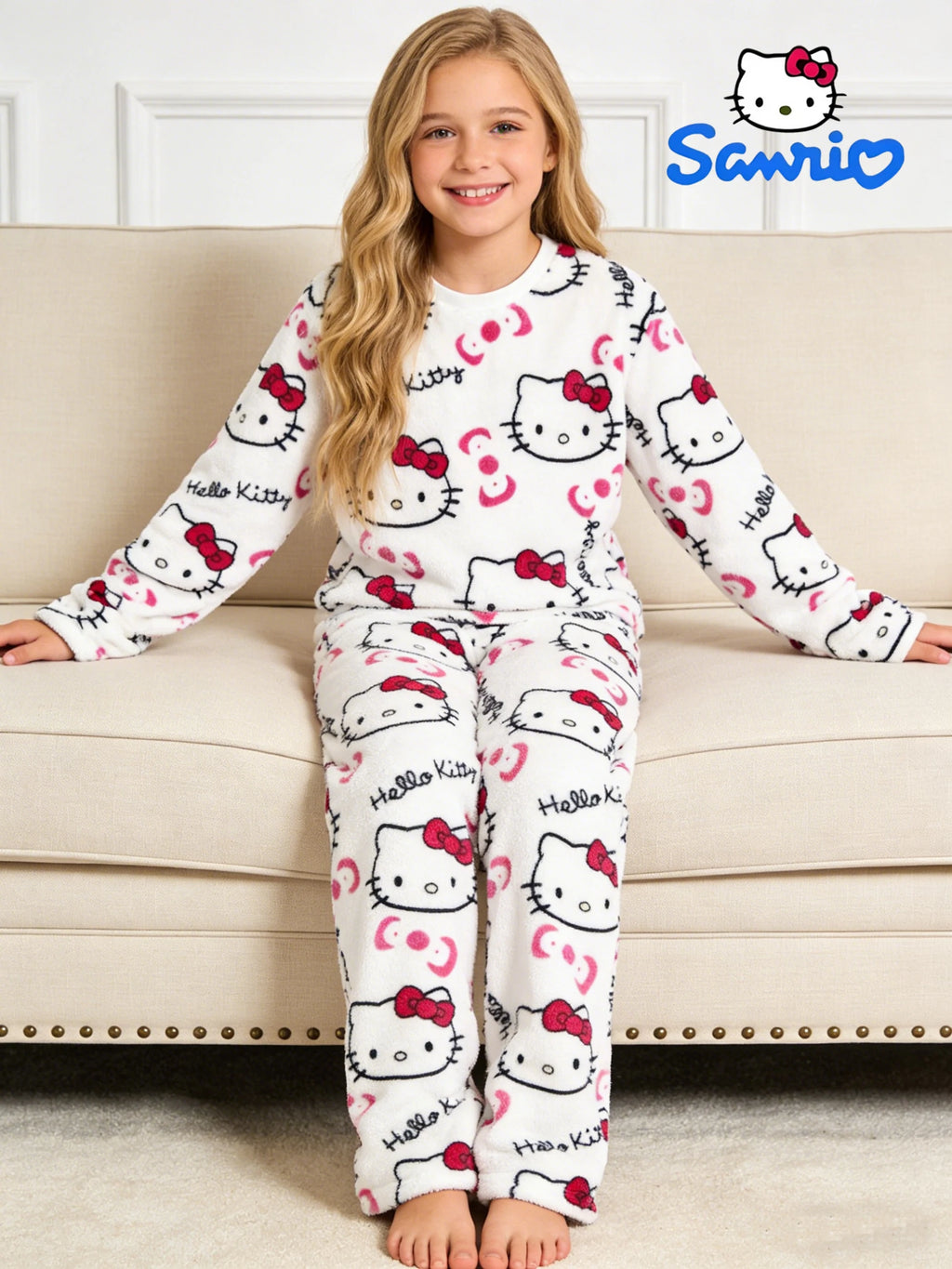 Sanrio girls' sleepwear and pants set for autumn and winter, Hello Kitty long sleeved pants with thick suede for home wear.