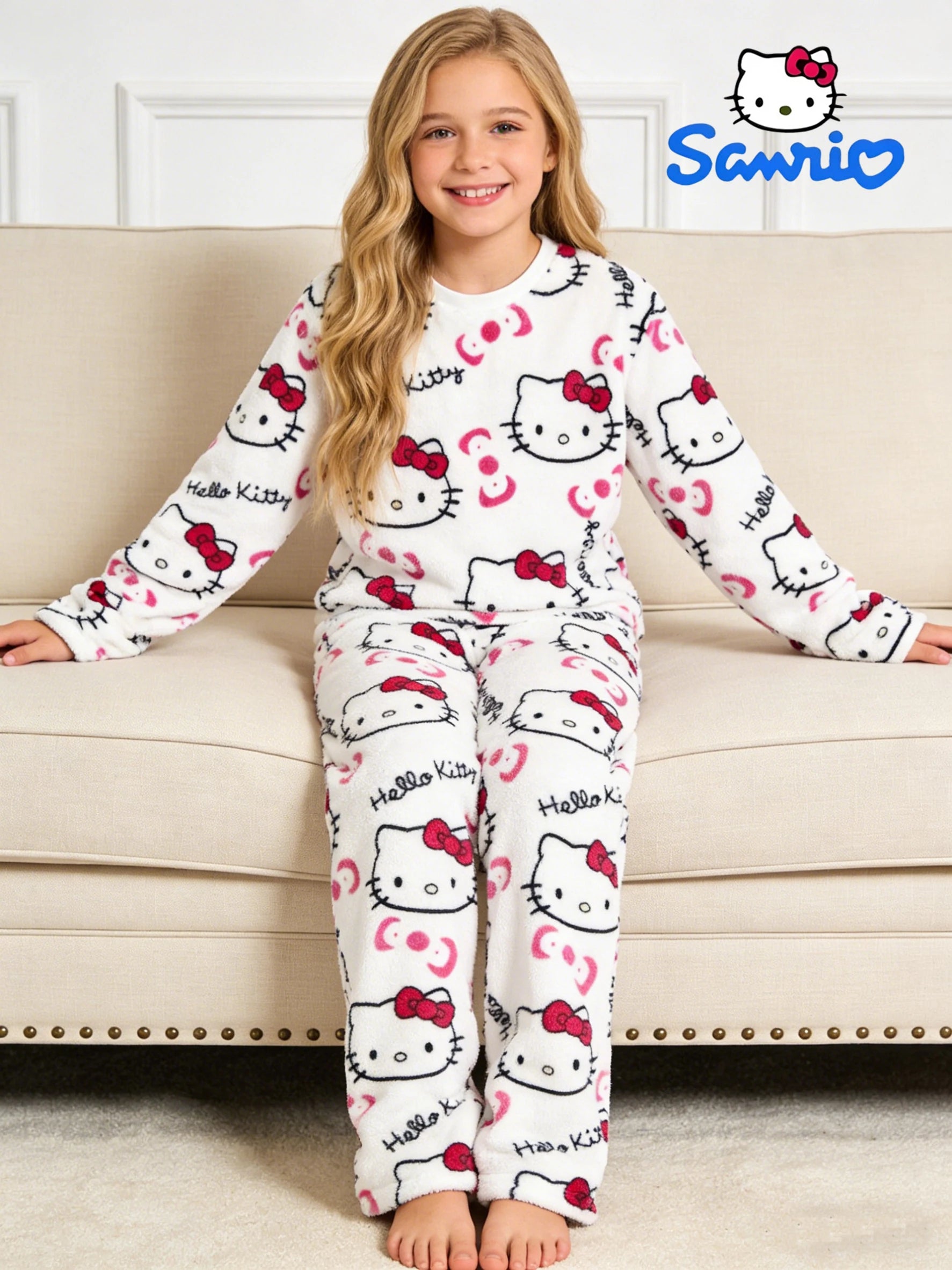 Sanrio girls' sleepwear and pants set for autumn and winter, Hello Kitty long sleeved pants with thick suede for home wear.