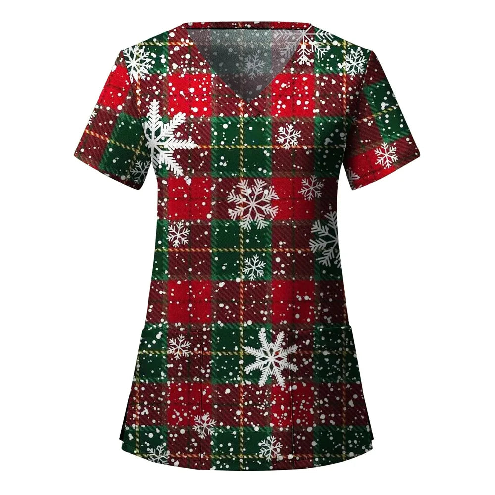 Womens Christmas Nurse T Shirt Print Short Sleeve V Neck Workwear With Pocket Working Nurse Work Wear Overalls Medical Uniforms