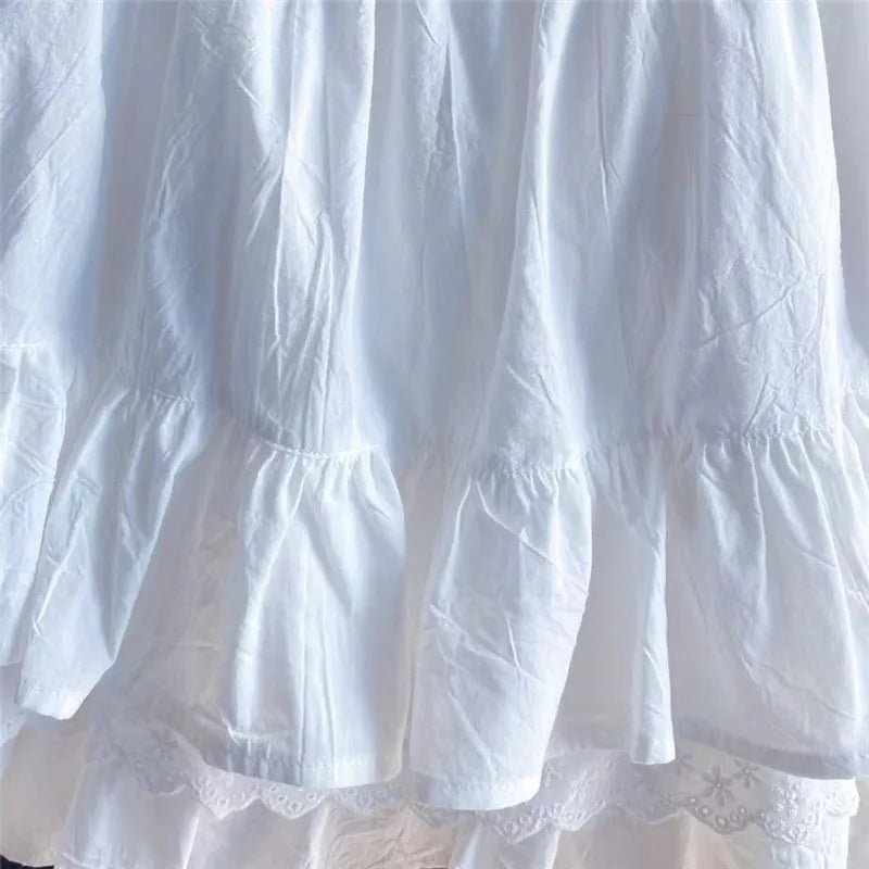 Ruffles Lace Patchwork Cotton White Mini Skirt High Waist A-Line Skirts For Women 2024 Summer