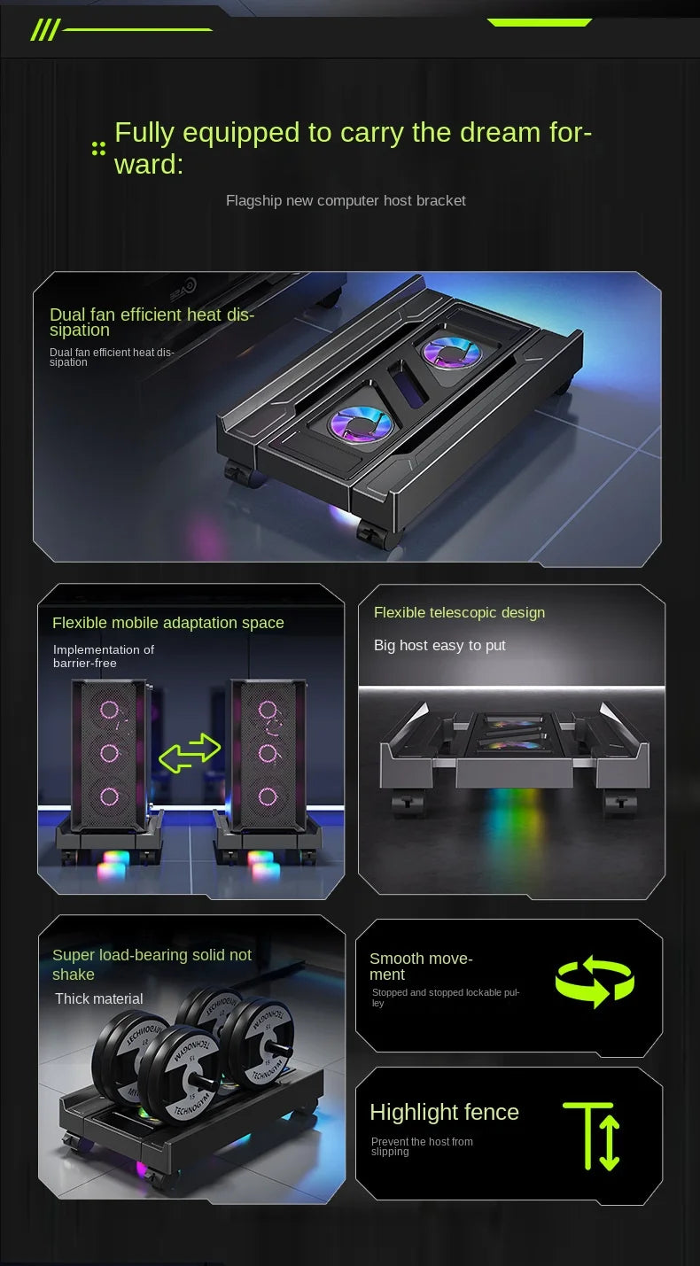 Mobile PC Tower Stand Adjustable Computer CPU Holder Telescopic Desktop Stand CPU Cart with RGB Cooling Fan Heat Dissipation