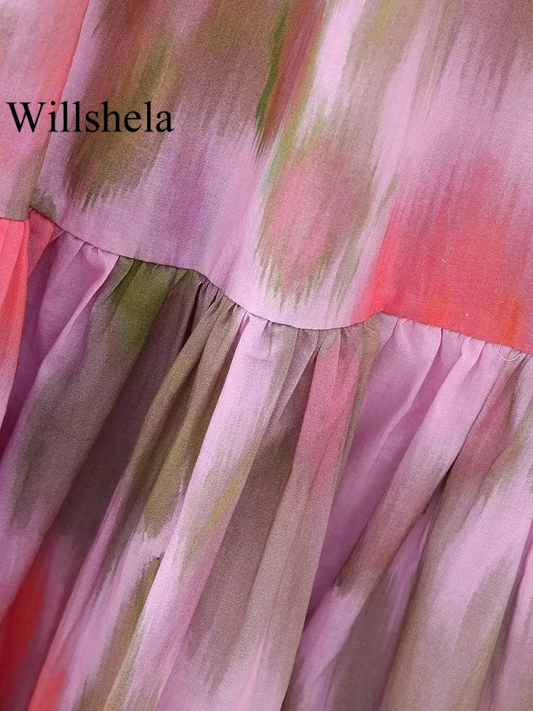 Willshela Women Fashion Printed Elastic Waist Backless Lace Up Midi Dress Vintage Thin Straps V-Neck Female Chic Lady Dresses