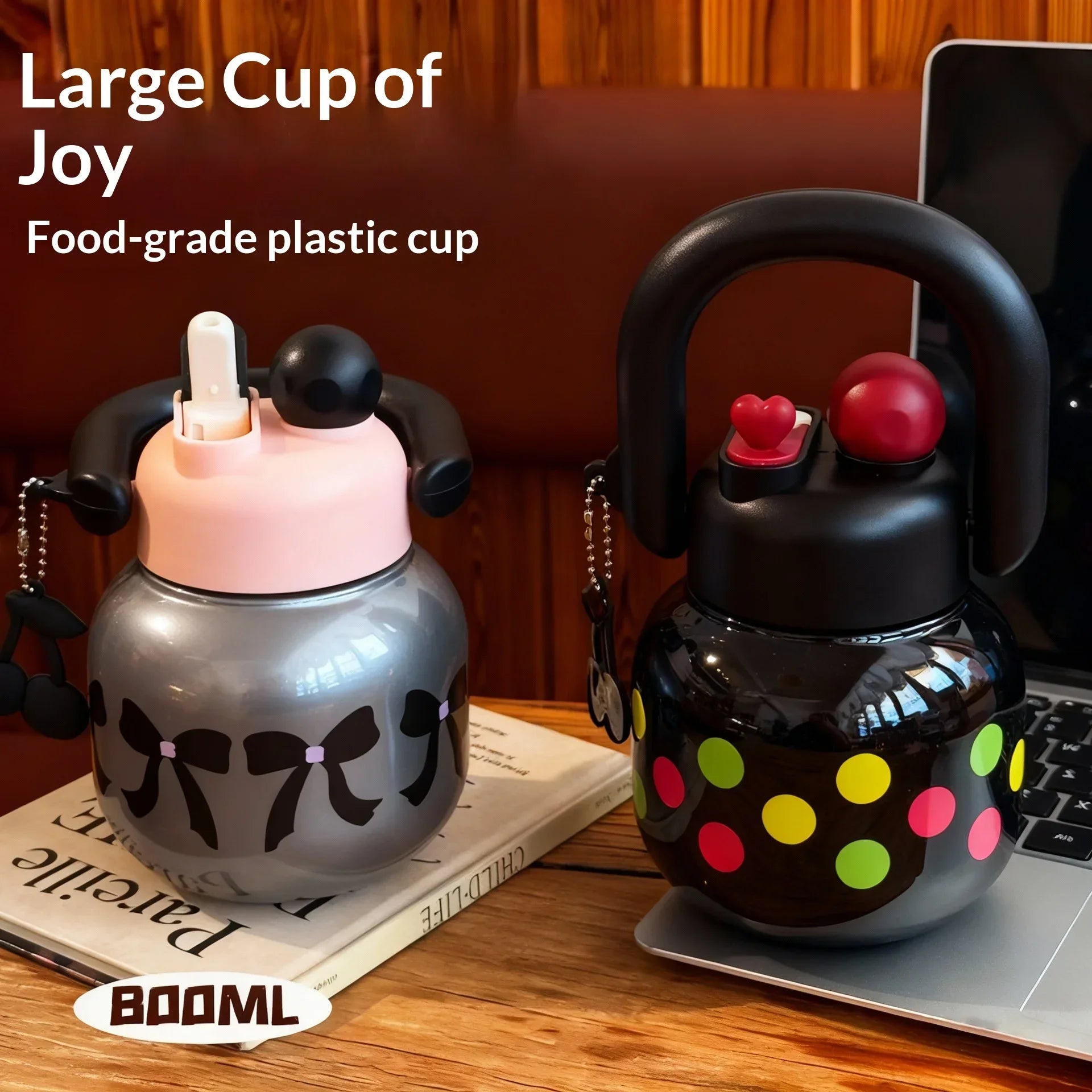 Cute Water Bottle with Decoration, Dual Straws Design, Anti-Lipstick Stain, Detachable Travel Strap Durable Plastic Material