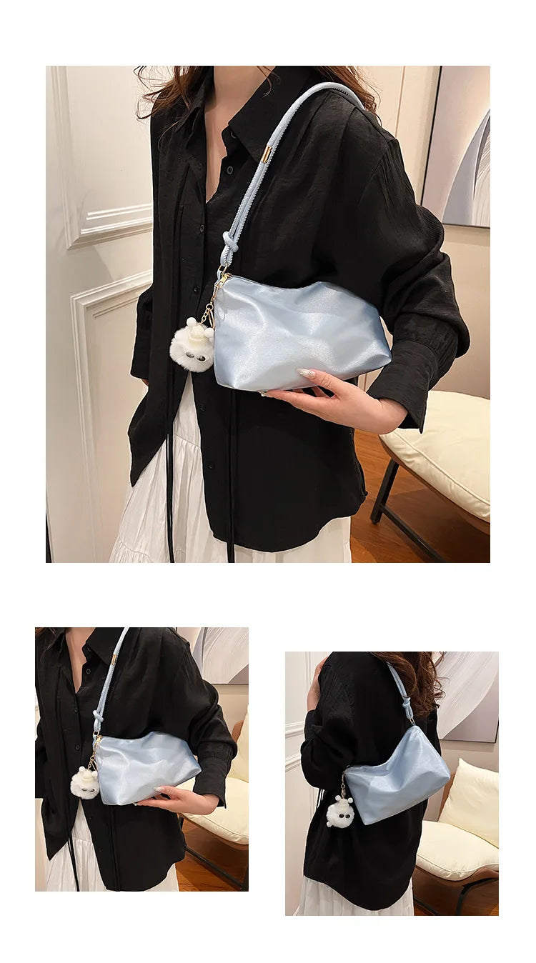 High Quality Solid Color Fashion Elegant Shoulder Bag Smooth Cloth Satin Underarm Bag Leisure Shoulder Bag Lady Handbags Purse
