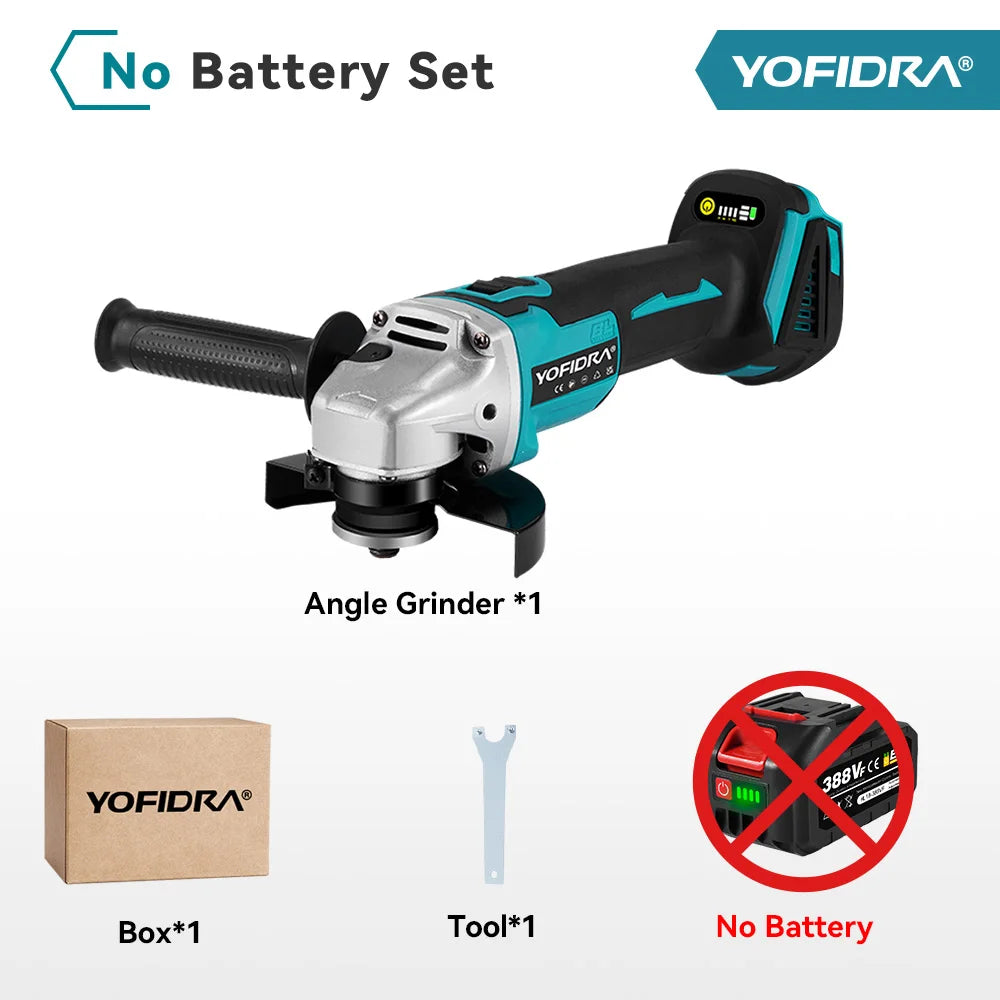 YOFIDRA 4 Gears Brushless Angle Grinder 125mm Cordless Cutting Polishing Cutting Machine Power Tool For Makita Battery Pin