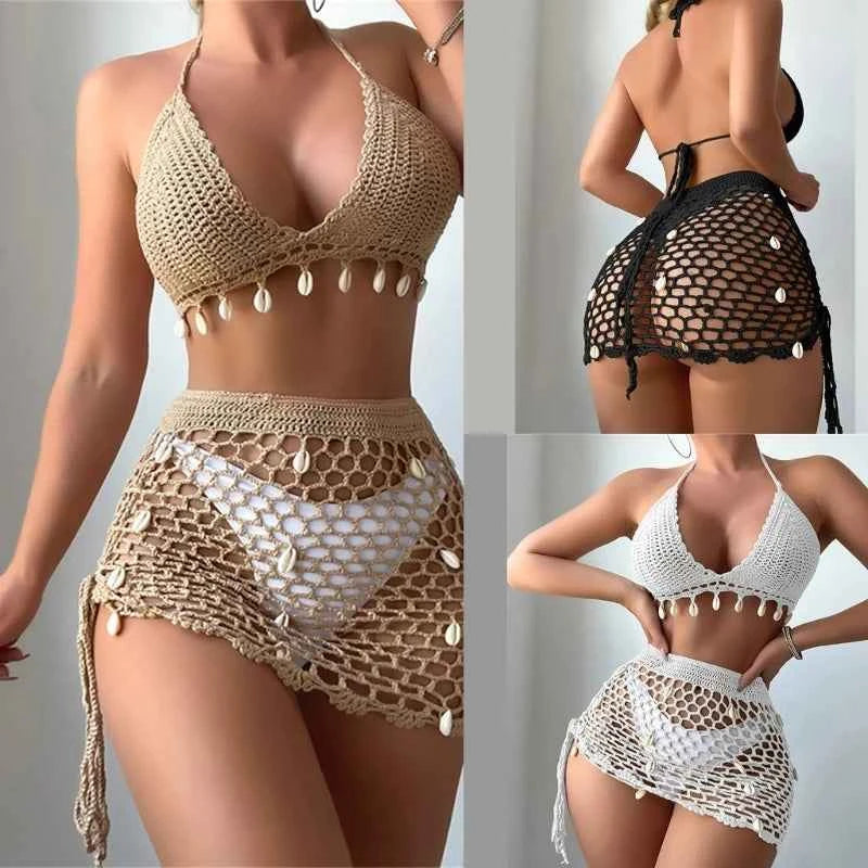 Women's 2 Piece Crochet Swimsuit Halter Bikinis Top and Cover Up Beach Skirt Set