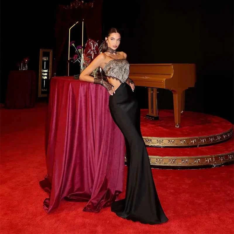 Black Lace Patchwork Satin Backless Dress Women Sexy Strapless Off-Shoulder Maxi Fishtail Dresses 2026 Lady Chic Party Vestido
