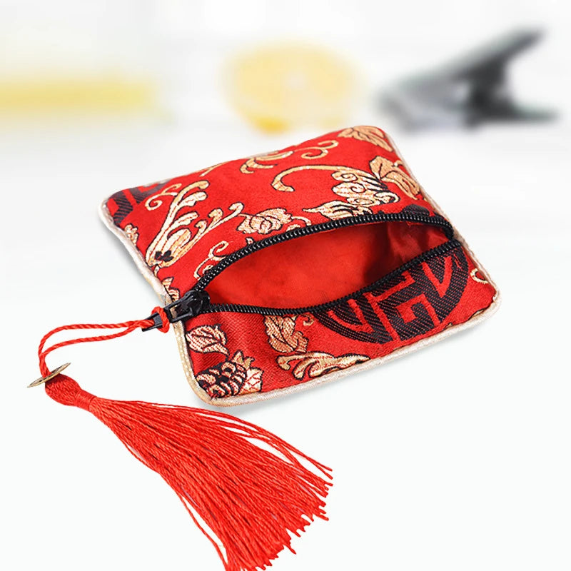 Chinese Brocade Jewelry Storage Bag Handmade Silk Embroidery Padded Small Zipper Tassel Jewelry Organizer Pouch Satin Gift Bag