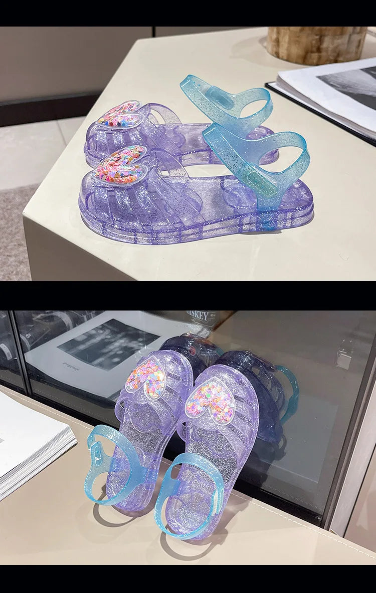 2026Kids' Sandals Ourdoor Crystal Jelly Shoes PVC Love Baby Fashion Flat For Girls Breathable Anti-slip Purple Sliver Size 24-35