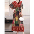Colorful Flower V-neck Elastic Youthful Bohemian Sweet Midi Dress Woman Clothes Chic Fashion Summer Dresses 2025 Large Swing Ski