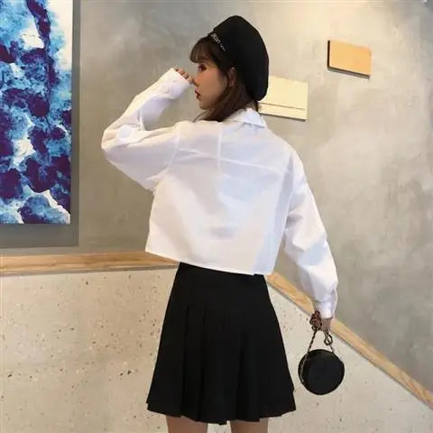 Oversize Cropped White Shirt Women Summer Short Sleeve Polo Neck Button Down Basic Short Sleeve Shirts Korean Female Blouses
