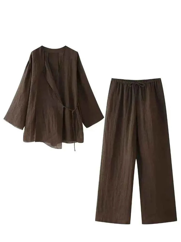 HH Pajama Style Pants Sets Women Fashion Kimono Style Lace Up Shirt Top Elastic Waist Trousers Women's Casual Outfits