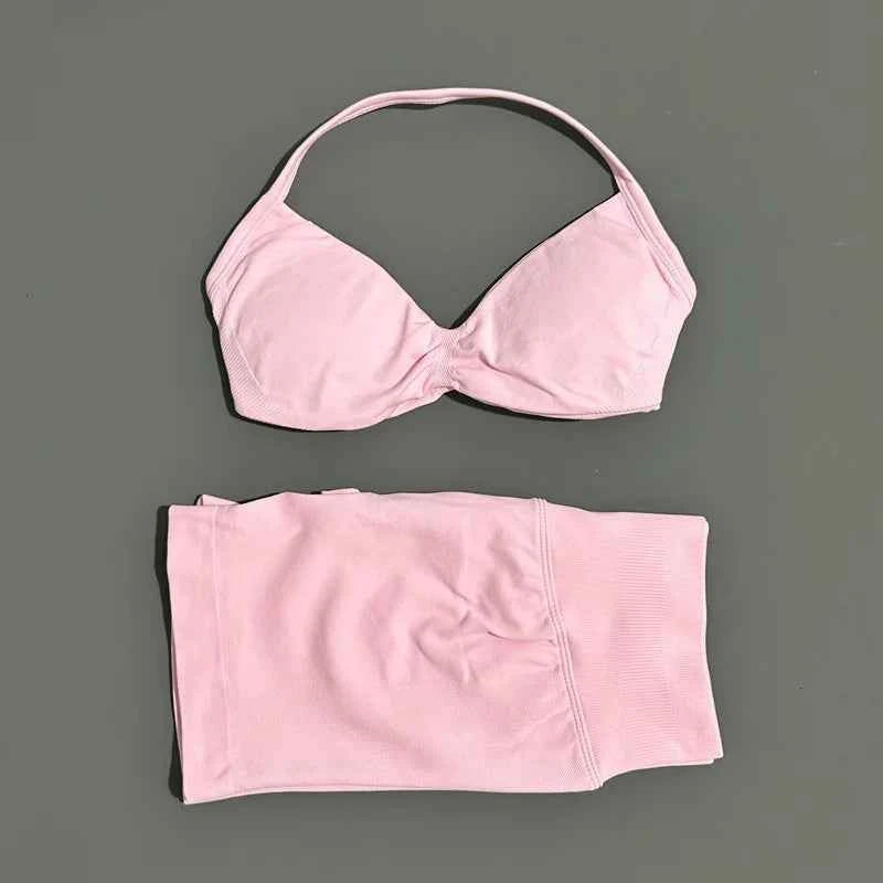 HISTELLO Gym Set 2 Piece Women Strappy Yoga Bra Top Workout Scrunch Shorts Sports Suit Fitness Clothes Seamless Yoga Set