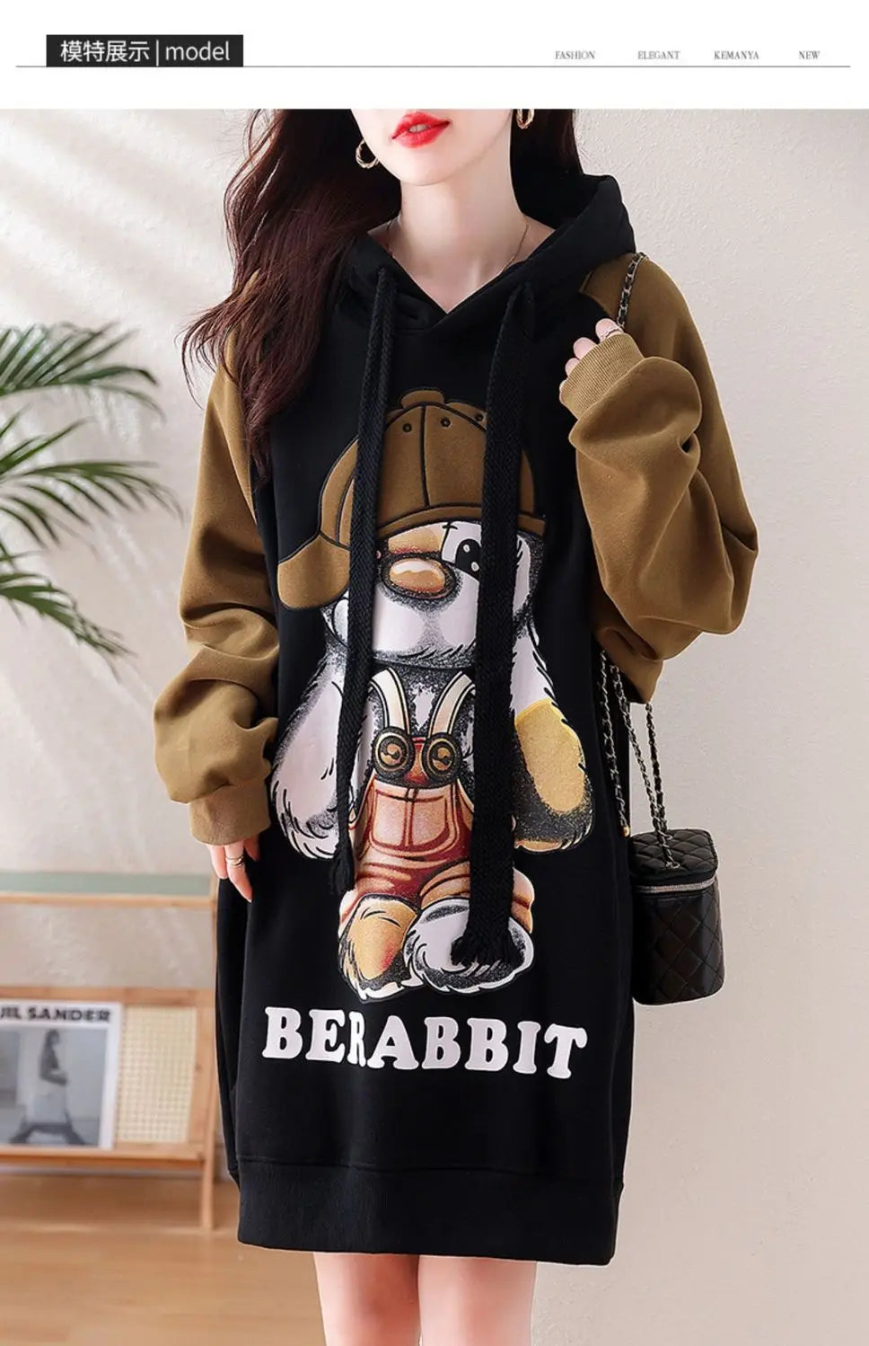 Winter Women Clothing Oversized Cartoon Fleece Dress New Hooded Drawstring Thicken Warm Female Casual Midi Long Sleeve Dresses