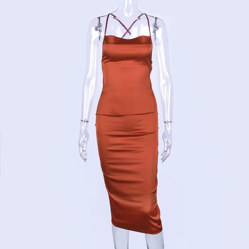 Sexy Slash Neck Back Cross Bandage Bodycon Dress Women Spaghetti Strap Solid Color Mid-calf Dress Elegant Club Party Vestidos