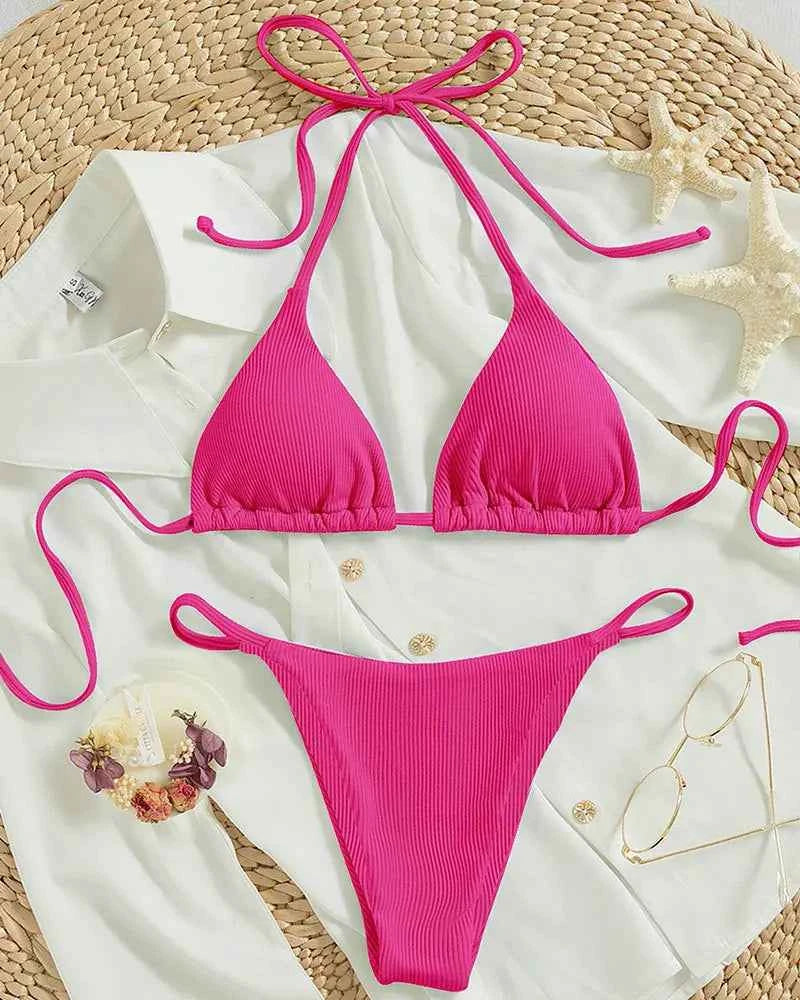 2025 Special Pit Stripe Fabric Bikini Set Women Sexy Simple Solid Halter Bikini Swimsuit High Waisted Lace Up Beach Bathing Suit