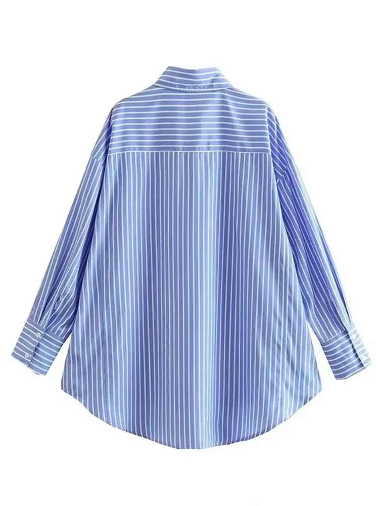 Women 2025 Pocket Stripe Printed Shirt Fashion Single Breasted Vintage Long Sleeve Spring Autumn Causal Elegant Loose Tops