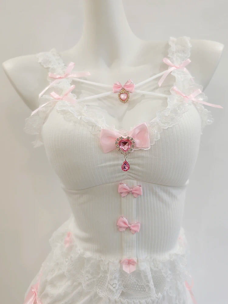 Sweet Crop Top Women Lace Trim Cotton Cropped Bows Bead Decoration Pink White Cute Camis Sweet Girls Lolita Style Kawaii Clothes