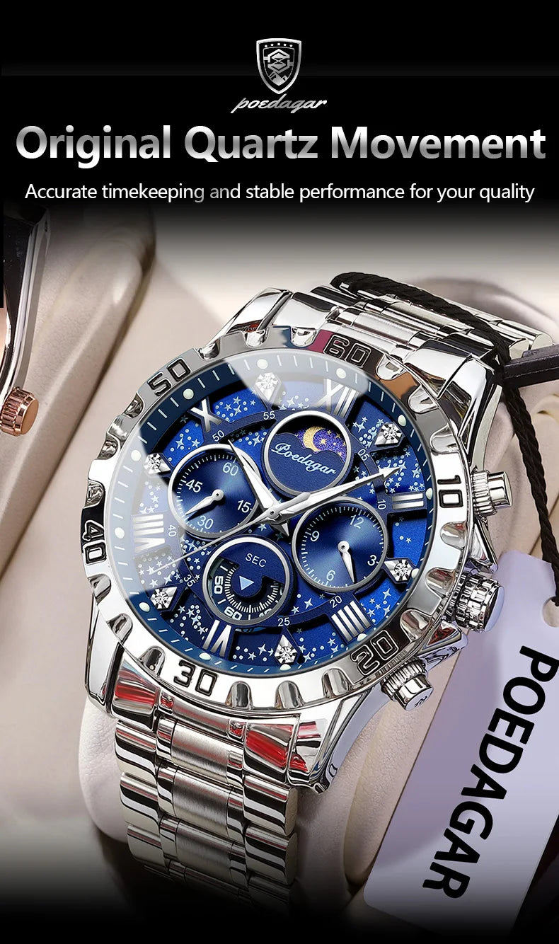 POEDAGAR Luxury Fashion Man Watch Waterproof Luminous Chronograph Men Watch Stainless Steel Sports Military Quartz Men's Watches