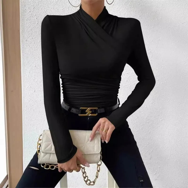 Women's Clothing Autumn Winter Tshirts New Design Cross Neckline Versatile Pleated T-shirt Comfortable Fashion Slim Fit Sexy Top