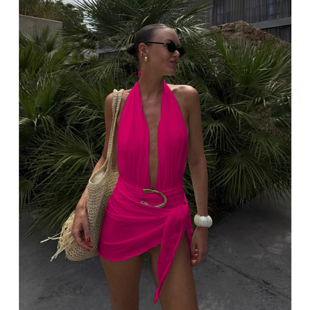 Two Pieces Micro Bikini 2026 Sexy Swimsuit Women Halter Swimwear Biquini Female Solid Bodysuit Bathing Suits Sarong Mini Skirt